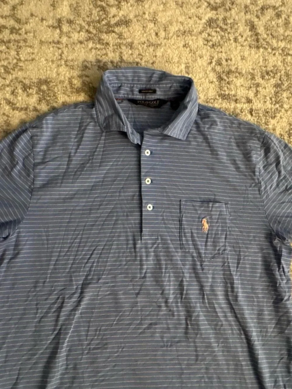 Polo Ralph Lauren Light Blue striped Pocket Golf Polo with Pink Pony Size Medium